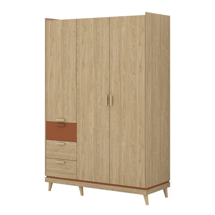 Ensemble chambre NOKI – Lit 160x200 + armoire 3 portes + commode + table de chevet – Chêne clair, moka et vert scandinave