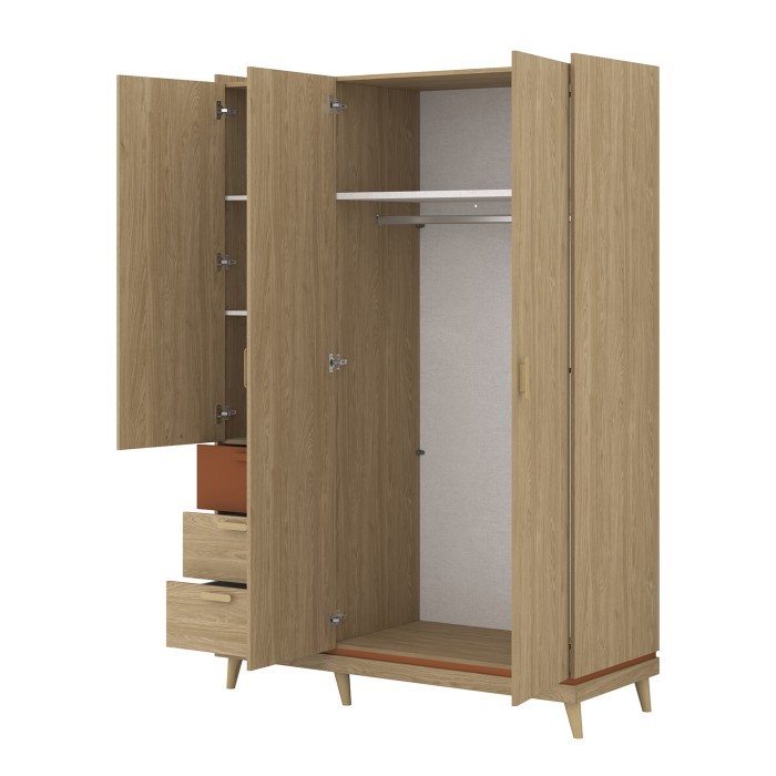 Ensemble chambre NOKI – Lit 160x200 + armoire 3 portes + commode + table de chevet – Chêne clair, moka et vert scandinave