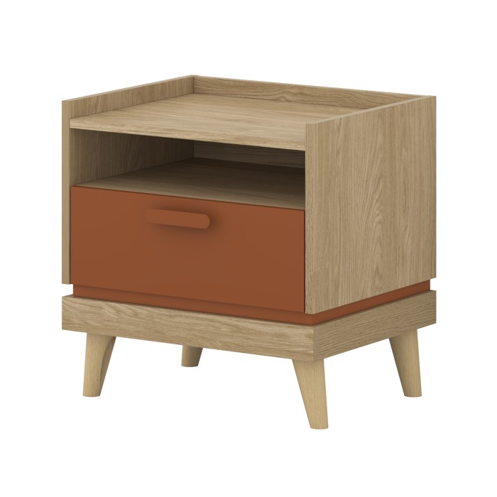 Ensemble chambre NOKI – Lit 160x200 + armoire 3 portes + commode + table de chevet – Chêne clair, moka et vert scandinave