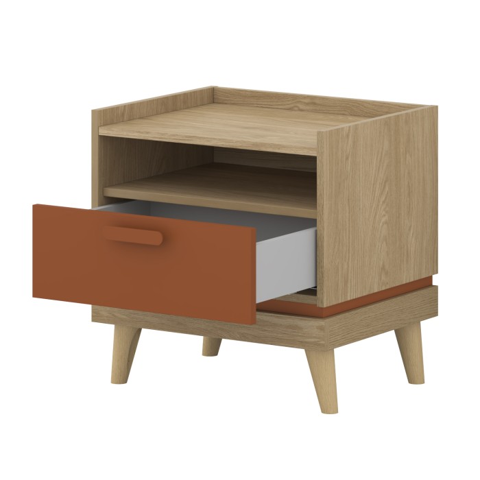 Ensemble chambre NOKI – Lit 160x200 + armoire 3 portes + commode + table de chevet – Chêne clair, moka et vert scandinave