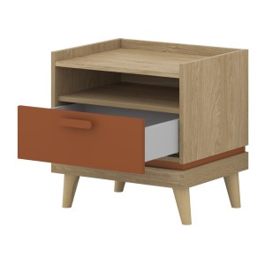 Ensemble chambre NOKI – Lit 160x200 + armoire 3 portes + commode + table de chevet – Chêne clair, moka et vert scandinave