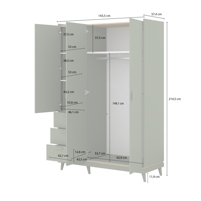 Ensemble chambre NOKI – Lit 160x200 + armoire 3 portes + commode + table de chevet – Chêne clair, moka et vert scandinave