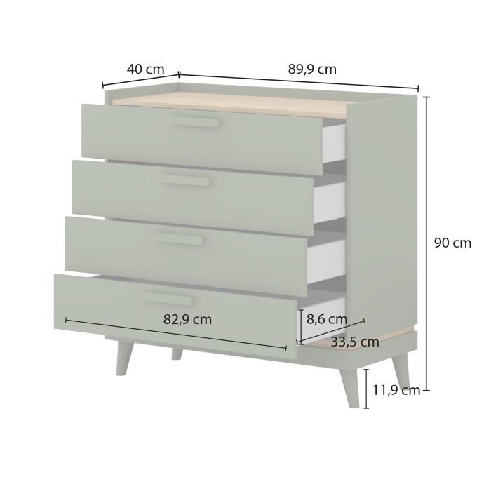 Ensemble chambre NOKI – Lit 160x200 + armoire 3 portes + commode + table de chevet – Chêne clair, moka et vert scandinave