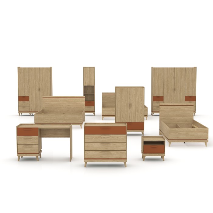 Ensemble chambre NOKI – Lit 160x200 + armoire 3 portes + commode + table de chevet – Chêne clair, moka et vert scandinave