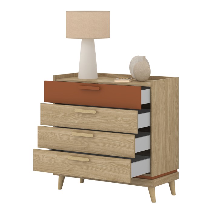 Ensemble chambre NOKI – Lit 180x200 + armoire 3 portes + commode + 2 chevets – Chêne clair, moka et vert scandinave