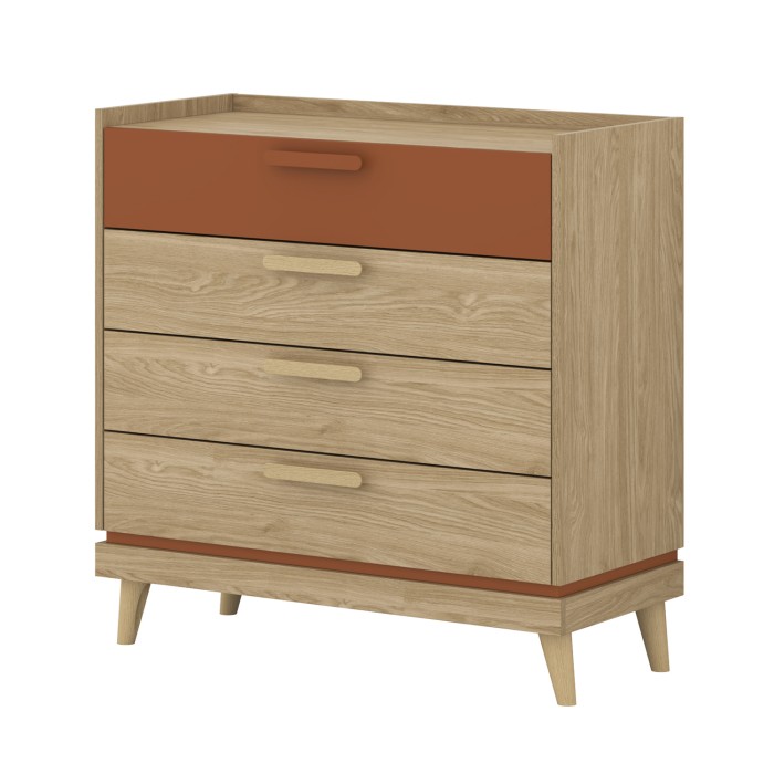 Ensemble chambre NOKI – Lit 180x200 + armoire 3 portes + commode + 2 chevets – Chêne clair, moka et vert scandinave