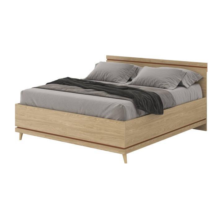 Ensemble chambre NOKI – Lit coffre 160x200 + armoire 3 portes + commode + 2 chevets – Chêne clair, moka et vert scandinave
