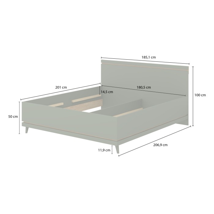 Ensemble chambre NOKI – Lit coffre 180x200 + armoire 3 portes + commode + 2 chevets – Chêne clair, moka et vert scandinave