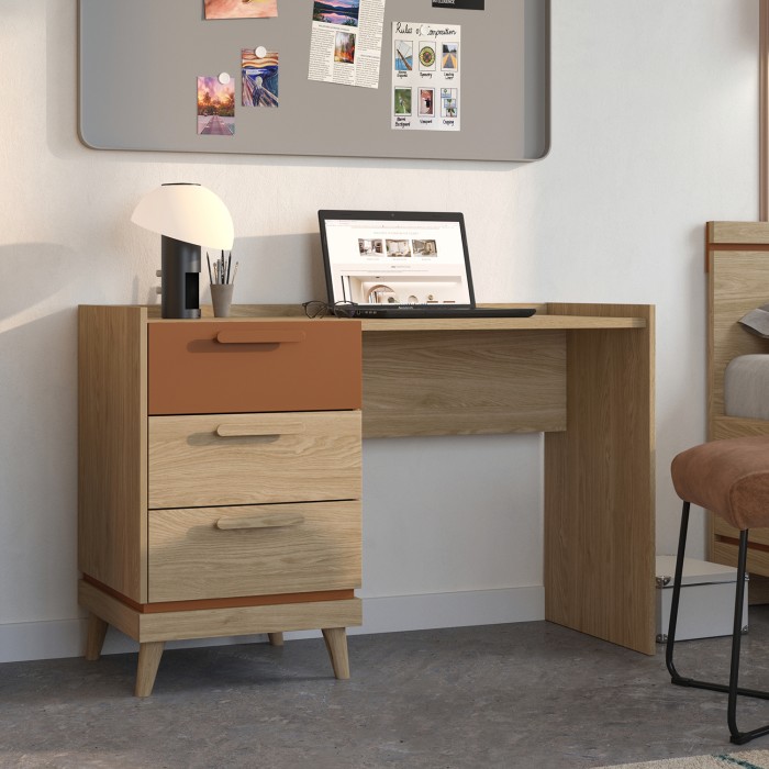 Bureau scandinave NOKI – Chêne clair et moka – 3 tiroirs de rangement