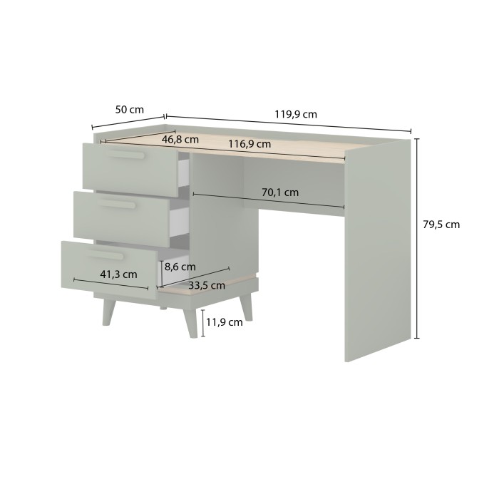 Bureau scandinave NOKI – Chêne clair et moka – 3 tiroirs de rangement