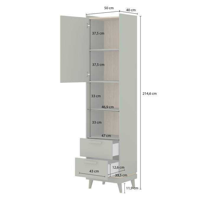 Bibliothèque NOKI – Vert et bois – 1 porte + 2 tiroirs style scandinave