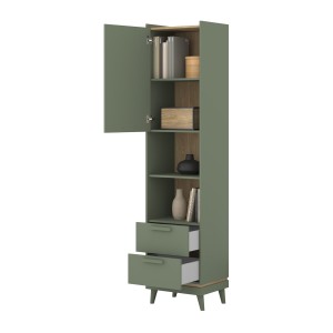 Bibliothèque NOKI – Vert et bois – 1 porte + 2 tiroirs style scandinave