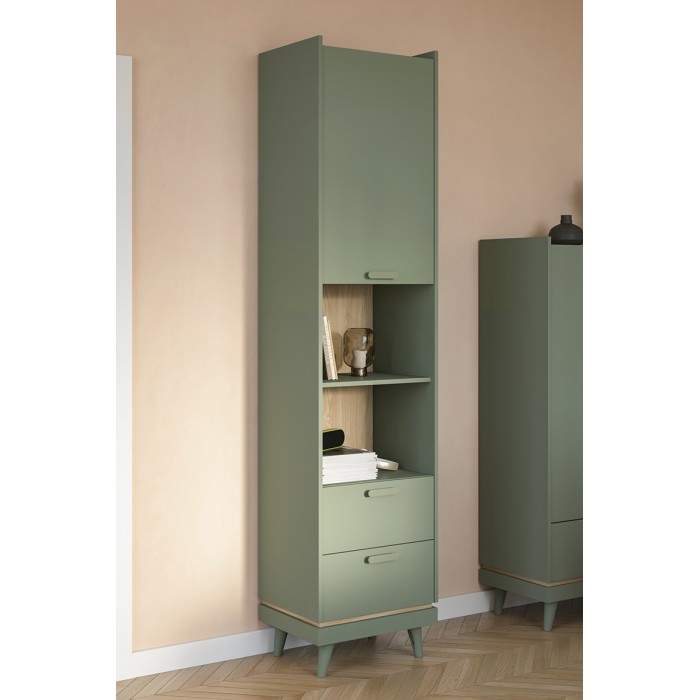 Bibliothèque NOKI – Vert et bois – 1 porte + 2 tiroirs style scandinave