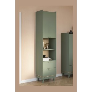 Bibliothèque NOKI – Vert et bois – 1 porte + 2 tiroirs style scandinave