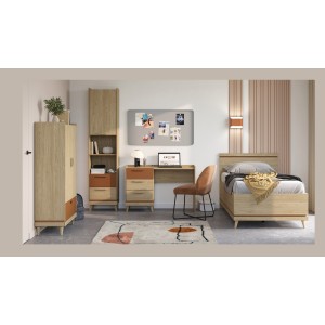 Pack chambre enfant NOKI style scandinave – Lit + bureau + armoire + bibliothèque – Chêne clair et moka