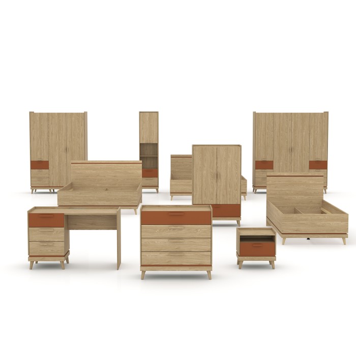 Pack chambre enfant NOKI style scandinave – Lit + bureau + armoire + bibliothèque – Chêne clair et moka