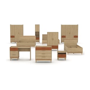 Pack chambre enfant NOKI style scandinave – Lit + bureau + armoire + bibliothèque – Chêne clair et moka