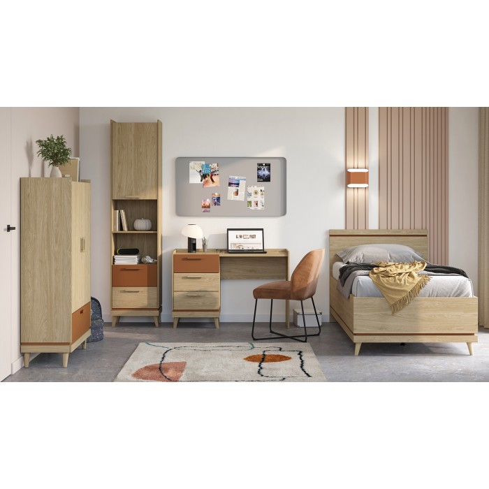 Pack chambre enfant NOKI style scandinave – Lit coffre + bureau + armoire + bibliothèque – Chêne clair et moka