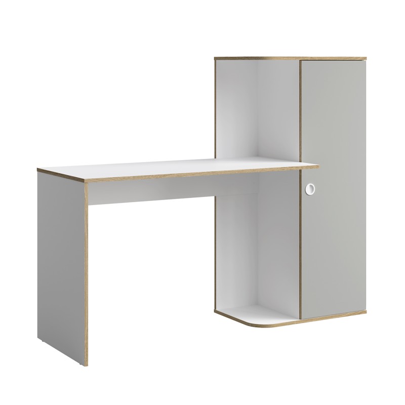 Bureau enfant ELYO – Avec colonne de rangement et 4 niches – Gris, blanc & chêne clair – 160x129x53 cm