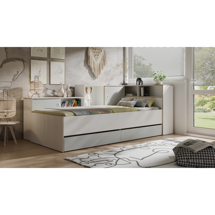 Lit enfant ELYO – 90x200 cm – Avec tiroirs, niches et étagères – Gris, blanc & chêne clair