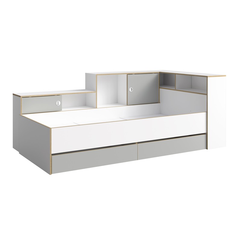 Lit enfant ELYO – 90x200 cm – Avec tiroirs, niches et étagères – Gris, blanc & chêne clair