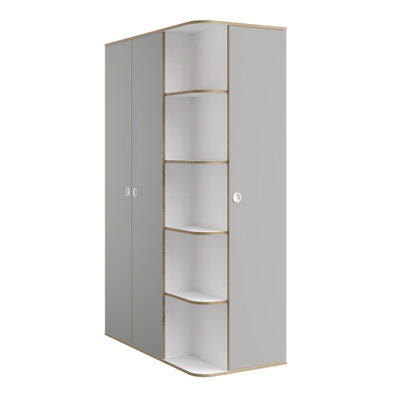 Armoire enfant ELYO – 3 portes + bibliothèque en façade – Gris & chêne