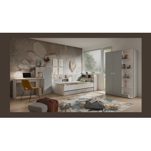 Armoire enfant ELYO – 3 portes + bibliothèque en façade – Gris & chêne
