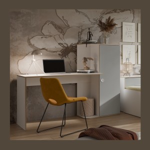 Bureau enfant ELYO – Avec colonne de rangement et 4 niches – Gris, blanc & chêne clair – 160x129x53 cm