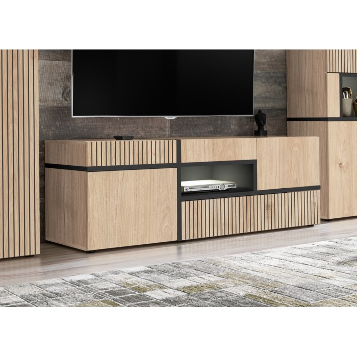 Meuble TV CRISS chêne clair et noir dans un décor 3D