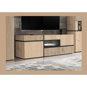 Meuble TV CRISS chêne clair et noir dans un décor 3D