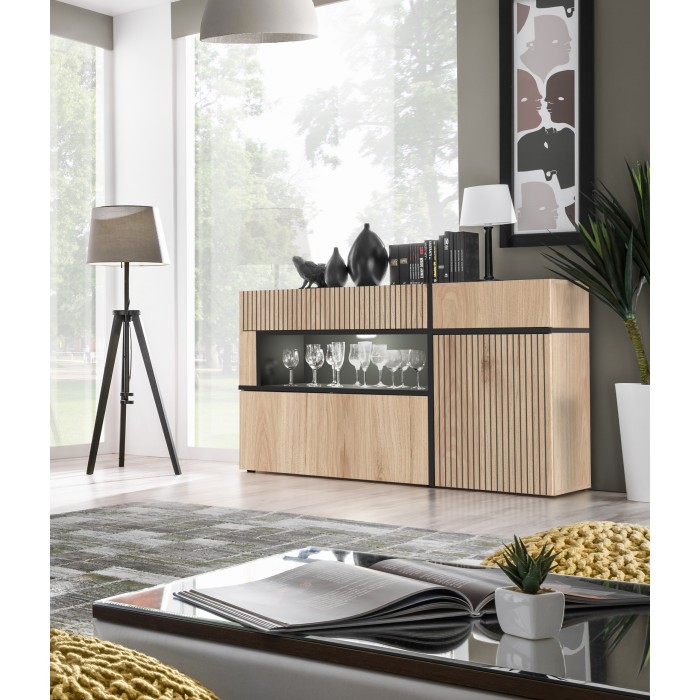 Buffet bas CRISS chêne clair et noir dans un décor 3D