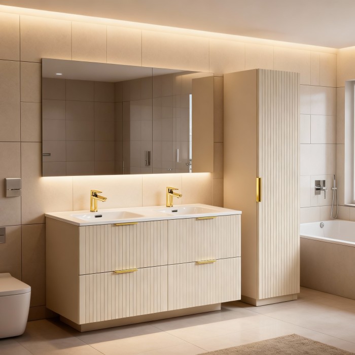 Ensemble de salle de bains NOXERA 120 cm – Marron congo – Double vasque + colonne suspendue
