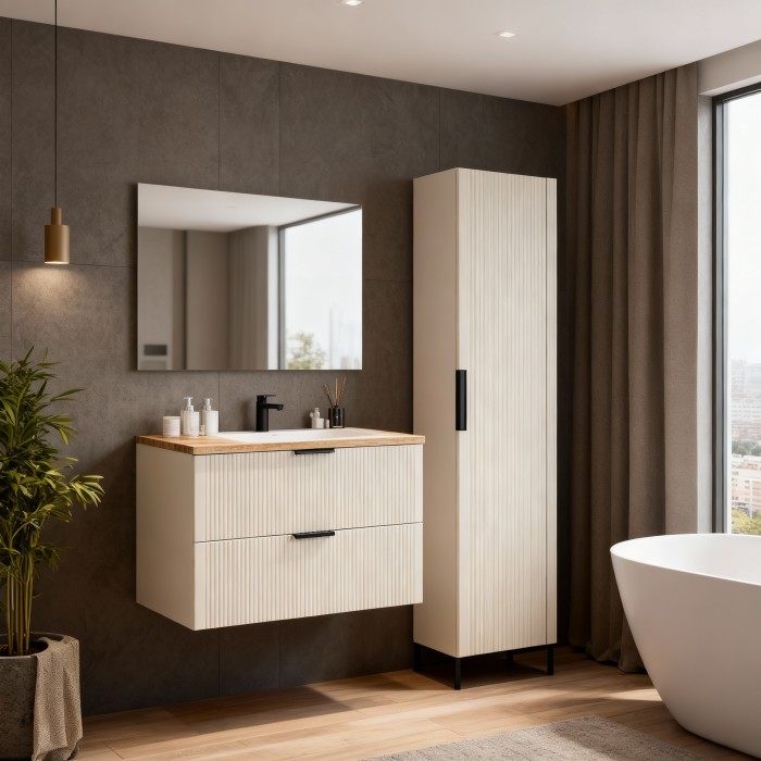Ensemble de salle de bains NOXERA 80 cm – Marron congo & chêne Wotan – Meuble + colonne