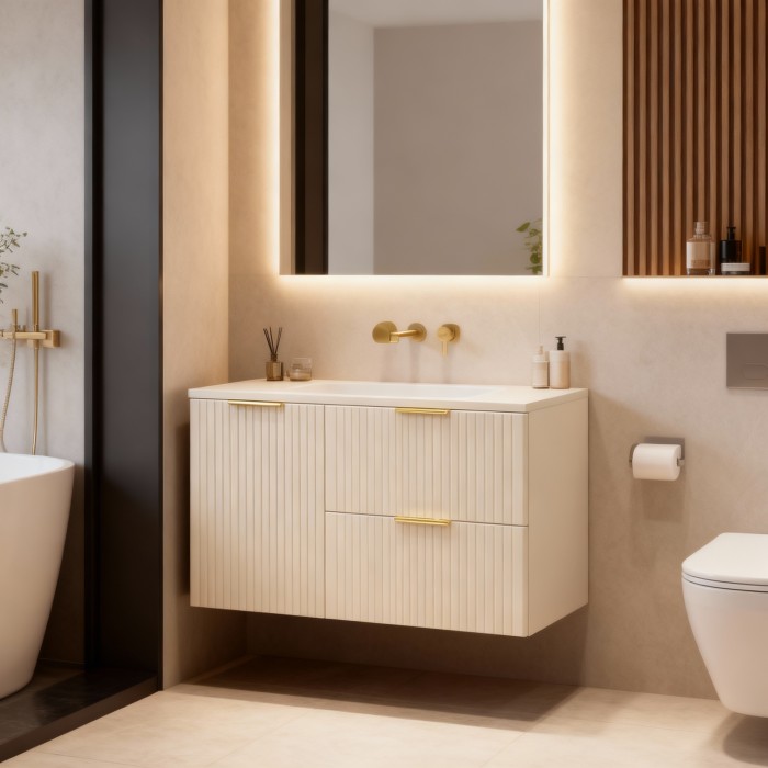 Ensemble de salle de bains NOXERA 100 cm – Marron congo – Plan vasque + 2 tiroirs + 1 porte panier linge