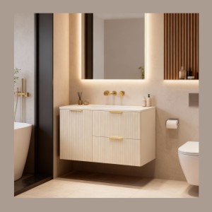 Ensemble de salle de bains NOXERA 100 cm – Marron congo – Plan vasque + 2 tiroirs + 1 porte panier linge