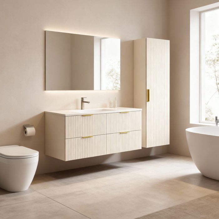 Ensemble de salle de bains NOXERA 120 cm – Marron congo – Plan vasque + 4 tiroirs + colonne suspendue