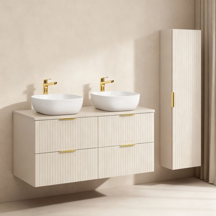 Ensemble de salle de bains NOXERA 120 cm – Marron congo – Double vasque + 4 tiroirs + colonne suspendue