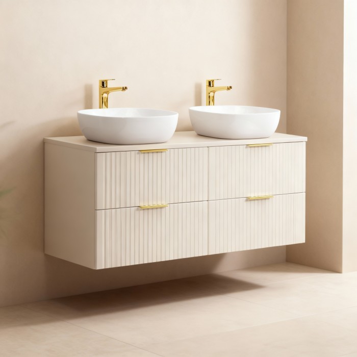 Ensemble de salle de bains NOXERA 120 cm – Marron congo – Plan vasque + double vasque + 4 tiroirs