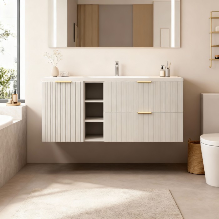 Ensemble de salle de bains NOXERA 140 cm – Marron congo – Plan vasque + 4 tiroirs + étagères