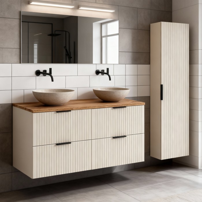 Ensemble de salle de bains NOXERA 120 cm – Marron congo – Plan vasque + colonne suspendue