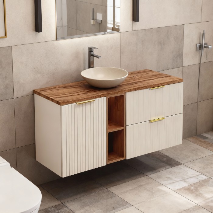 Ensemble de salle de bains NOXERA 120 cm – Marron congo & chêne wotan – Plan vasque + niches + vasque