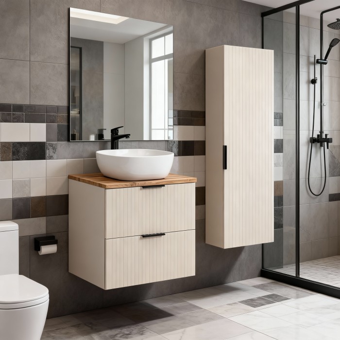 Ensemble de salle de bains NOXERA 80 cm – Marron congo & wotan – Avec vasque + colonne