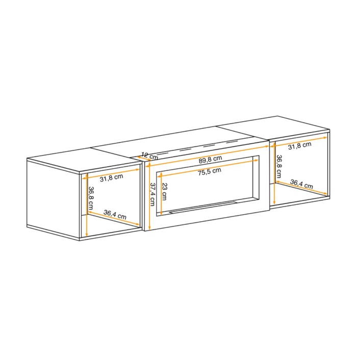 Meuble TV FLY chêne clair avec cheminée intégrée ouverte dimensions