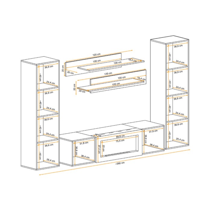 Composition murale FLY chêne clair avec vitrine opaque chêne clair dimensions ouvertes