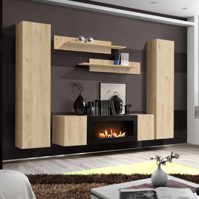 Composition murale FLY chêne clair avec vitrine opaque chêne clair