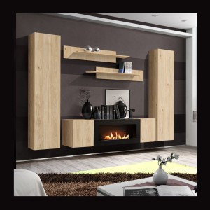 Composition murale FLY chêne clair avec vitrine opaque chêne clair