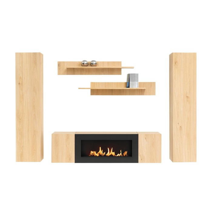 Composition murale FLY chêne clair avec vitrine opaque chêne clair fond blanc