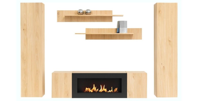 Composition murale FLY chêne clair avec vitrine opaque chêne clair fond blanc