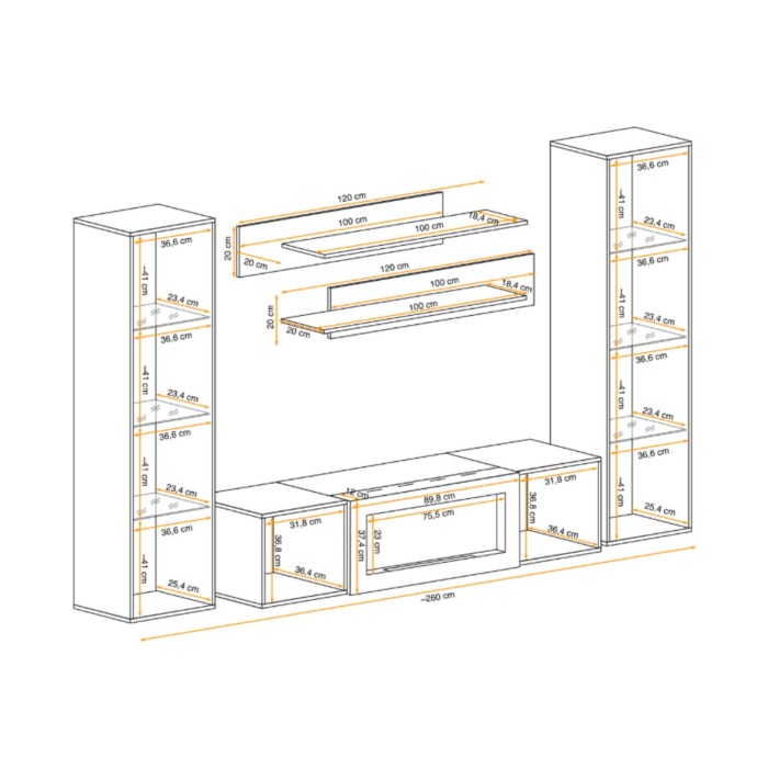 Composition murale vitrée FLY chêne clair dimensions ouverte