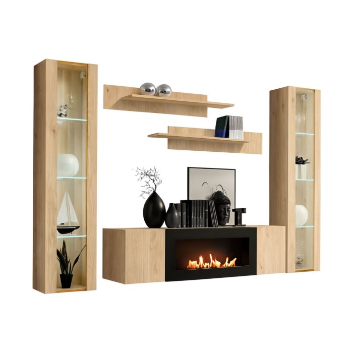 Composition murale vitrée FLY chêne clair fond blanc